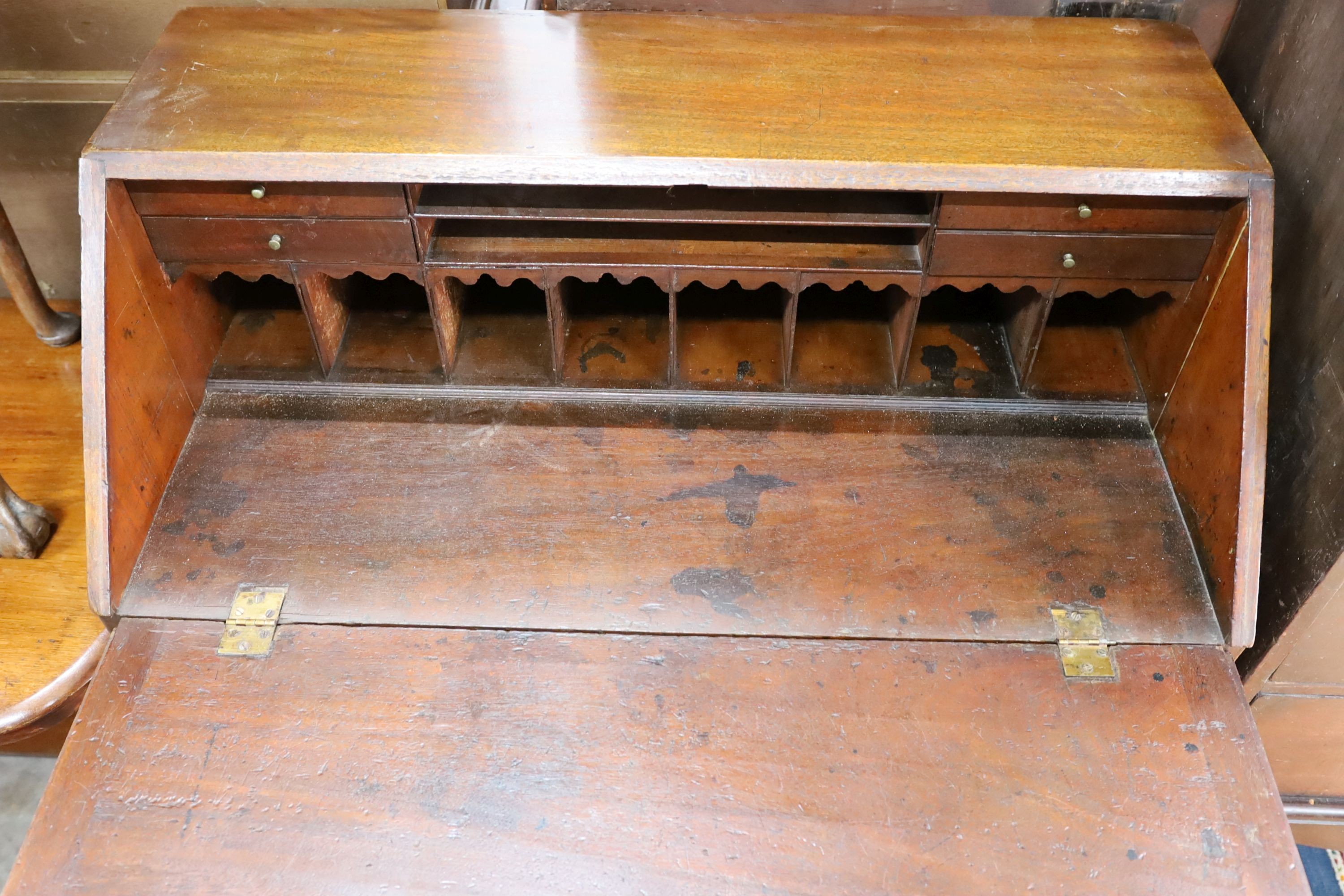 A George III banded mahogany bureau, width 92cm, depth 50cm, height 97cm